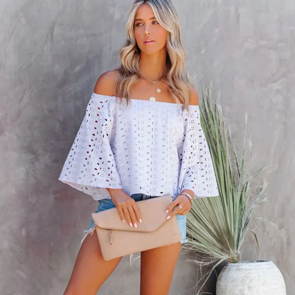 WITHDRAWN COTTON EYELET OFF THE SHOULDER TOP - Blush/pale pink